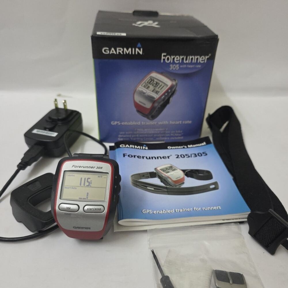 Garmin Forerunner 305 GPS Watch Heart Rate Monitor Charger Box Running Trainer